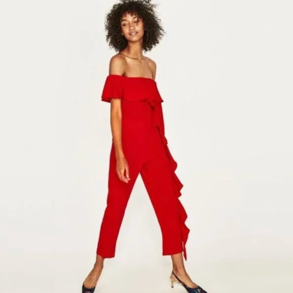 Zara Ruffled Off-The-Shoulder Jumpsuit S